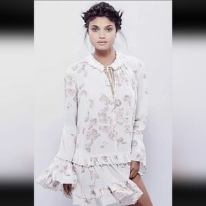 Free People Clover Field Printed Ruffle Tie Tunic Mini Dress Black Medium